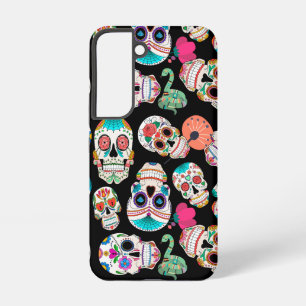 Funda Para Samsung Galaxy S22 Calaveras de Azúcar Brillantes en Patrón sobre Neg