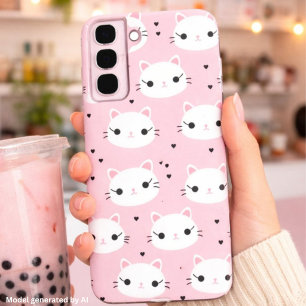 Funda Para Samsung Galaxy S22+ Caras de gato Kawaii con corazones – Patrón rosa l