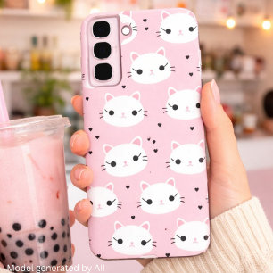 Funda Para Samsung Galaxy S22+ Caras de gato Kawaii con corazones – Patrón rosa l