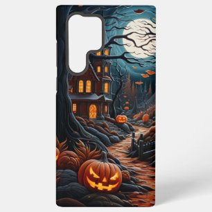 FUNDA PARA SAMSUNG GALAXY S22 ULTRA CASA EMBRUJADA ESPANTOSA NARANJA Y NEGRA
