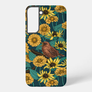 Funda Para Samsung Galaxy S22+ Cercetas y flores sobre azul oscuro
