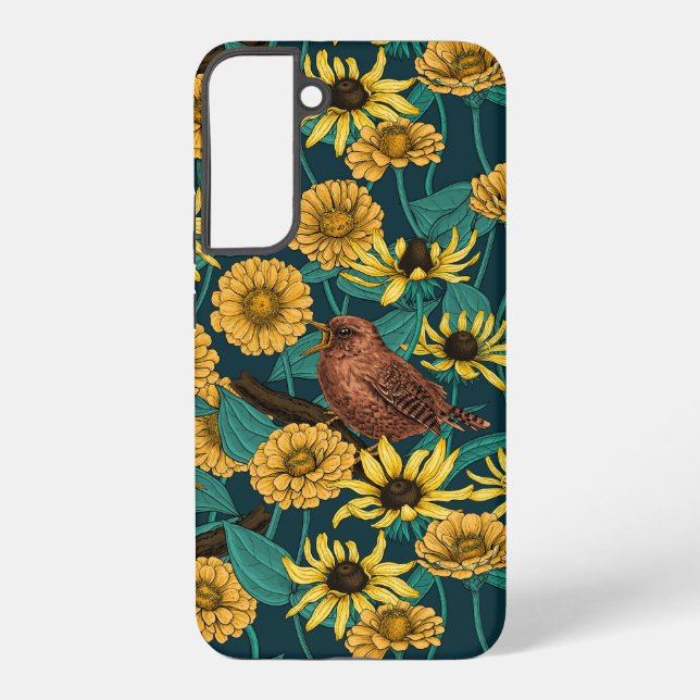 Funda Para Samsung Galaxy Cercetas y flores sobre azul oscuro (Reverso )