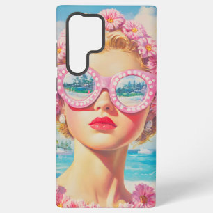 Funda Para Samsung Galaxy S22 Ultra Chica Retro Beach con gafas de sol florales