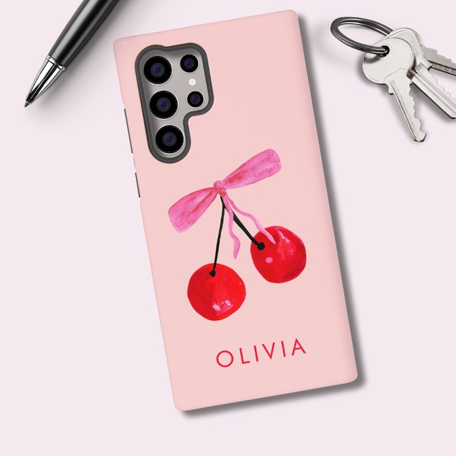 Funda Para Samsung Galaxy Coquette Cherry & Bow (Coquette cherry and bow girly Samsung phone case. Personalize with your own name or initials.)