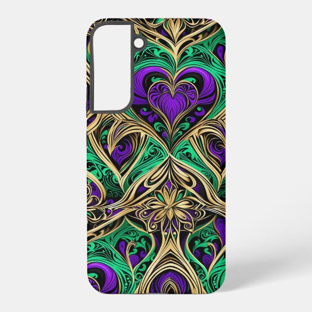 Funda Para Samsung Galaxy Corazones Damask y flores oro morado Esmeralda neg (Reverso )