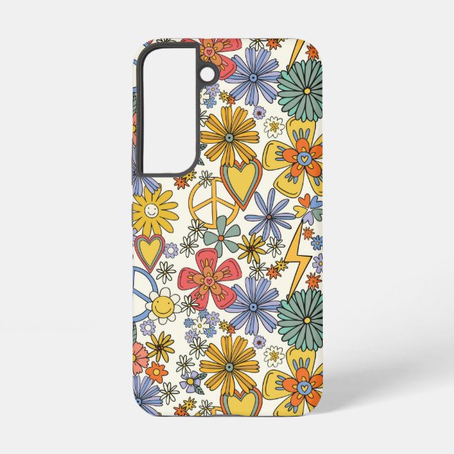 Funda Para Samsung Galaxy Corazones de flores hippie retro Groovy (Reverso )