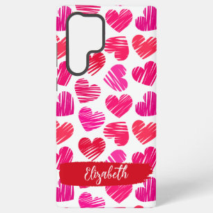 Funda Para Samsung Galaxy S22 Ultra Corazones Doodle Rojo y Rosa Moderno Nombre de San