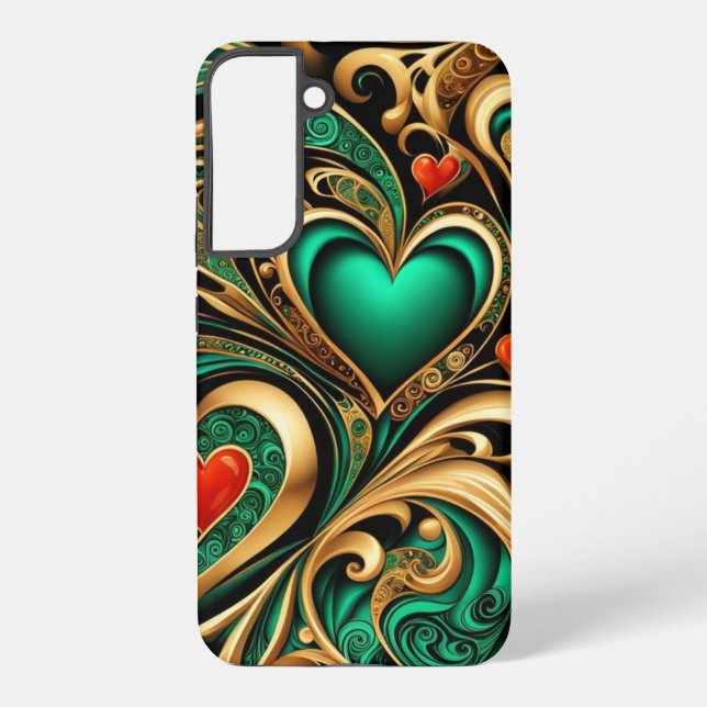 Funda Para Samsung Galaxy Corazones Repetitivos Trampa Patrón Oro Esmeralda (Reverso )