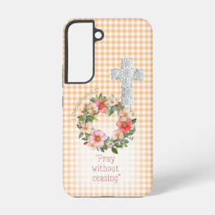 Funda Para Samsung Galaxy S22 Cottagecore Naranja Cuadro Rosa Corona Cruz Fe