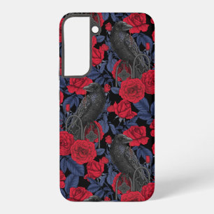 Funda Para Samsung Galaxy S22+ Cuervos y rosas con hojas azul oscuro