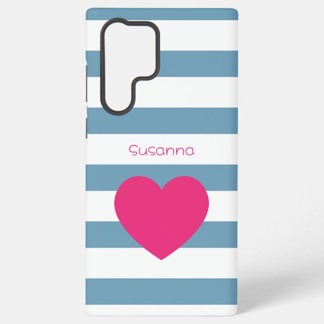Funda Para Samsung Galaxy Custom Blue and White Bold Striped Pink Heart  (Reverso )