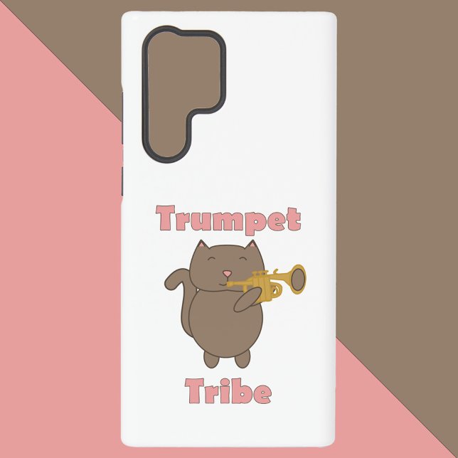 Funda Para Samsung Galaxy Cute Cartoon Cat Playing Trumpet Tribe Funny (A phone case with a happy brown cat playing the trumpet with the words trumpet tribe.)