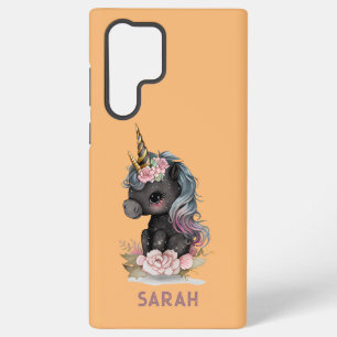 Funda Para Samsung Galaxy S22 Ultra Cute Unicornio Negro con Flores Unicornio Acuarela