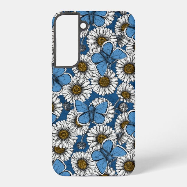 Funda Para Samsung Galaxy Daisies, flores silvestres blancas y mariposas azu (Reverso )