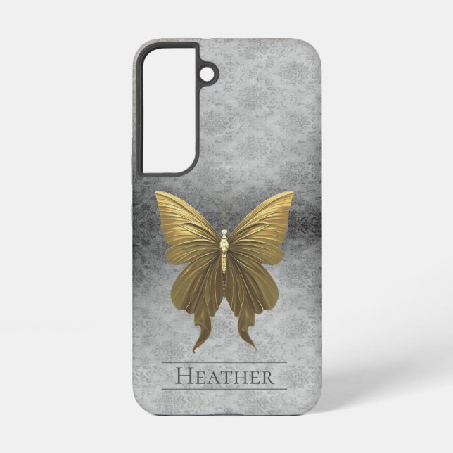 Funda Para Samsung Galaxy Damasco de mariposa con joyas de oro (Reverso )