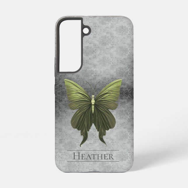 Funda Para Samsung Galaxy Damasco de mariposa con joyas verdes (Reverso )