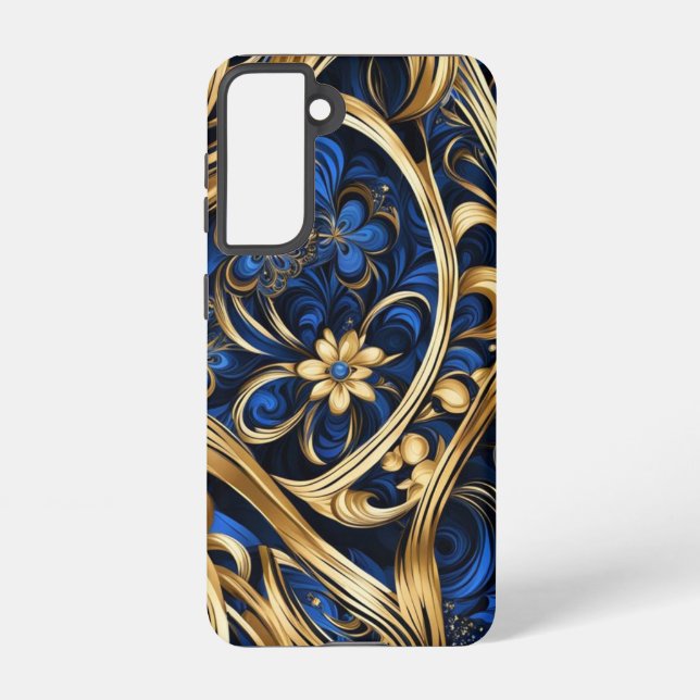 Funda Para Samsung Galaxy Damask Flowers Swirls Blue Gold Black (Reverso )