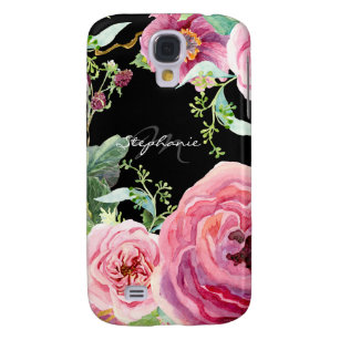 Carcasa Para Galaxy S4 Acuarela floral moderna de tonos negros y rosados