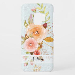 Funda De Case-Mate Para Samsung Galaxy S9 Blue Damask w Peach Floral Rosas en follaje de hoj