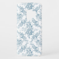 Elegante tela floral azul y blanca grabada
