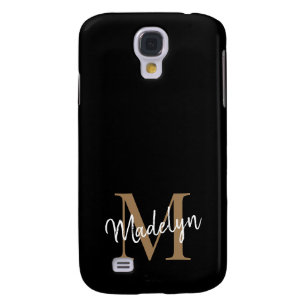 Carcasa Para Galaxy S4 Monograma moderno de oro negro Nombre de guión fem