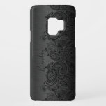 Funda De Case-Mate Para Samsung Galaxy S9 Negro metálico y elegante paisley negro encaje<br><div class="desc">Fondo metálico gris oscuro negro,  aspecto de aluminio cepillado,  encaje paisley floral negro. Personalizable y monograma opcional</div>