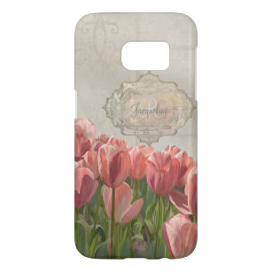 Funda Para Samsung Galaxy S7 Tulipanes rosados de coral francés con madera gris