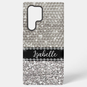 Funda Para Samsung Galaxy S22 Ultra Destello de Plata Glam Bling Metal Personalizado 