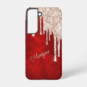 Funda Para Samsung Galaxy S22 Destellos de Purpurina Plateada Carmesí en Monogra
