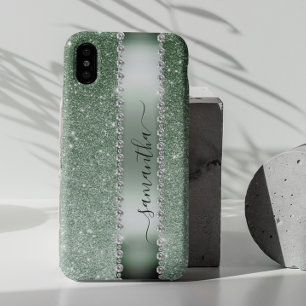 Funda Para Samsung Galaxy S22 Ultra Diamante Verde Monograma de Caligrafía con Brillo