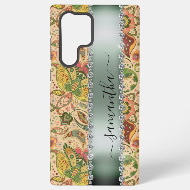 Funda Para Samsung Galaxy Diamond Green Paisley Calligraphy Nombre Monograma (Reverso )