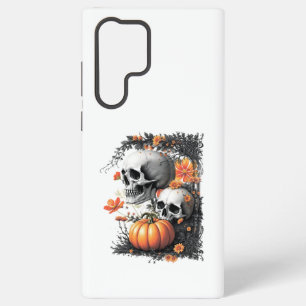 Funda Para Samsung Galaxy S22 Ultra Dos cráneos y una calabaza entre las flores.