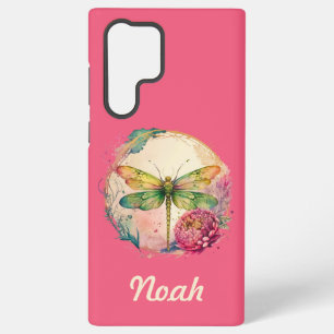 Funda Para Samsung Galaxy S22 Ultra Dragonfly floral elegante con nombre personalizado
