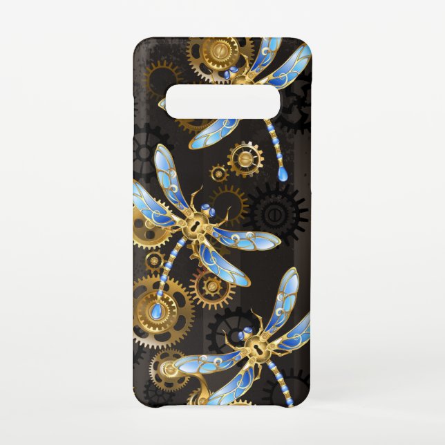 Funda Para Samsung Galaxy Dragoniscos de Steampunk sobre fondo rayado marrón (Reverso)