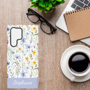 Funda Para Samsung Galaxy S22 Ultra Elegante Flor Silvestre Acuarela Azul Púrpura