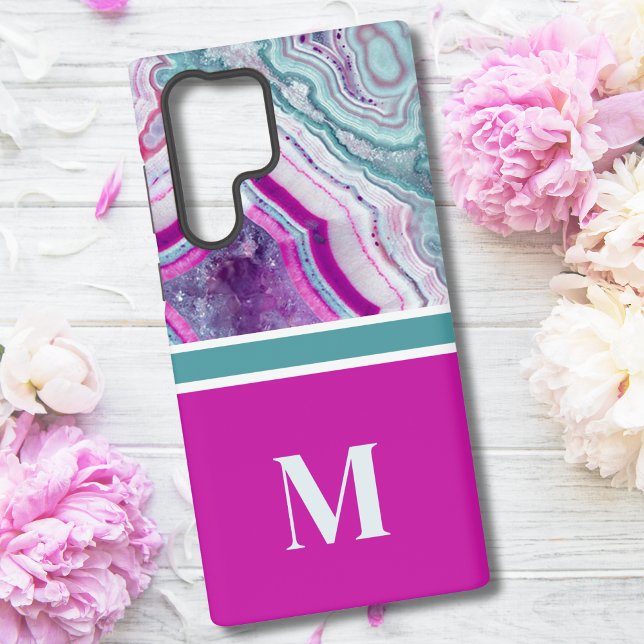 Funda Para Samsung Galaxy Elegante Moda elegante Monograma inicial (Chic Teal Magenta Fuchsia Stone Monogram Initial Samsung Galaxy S22 Ultra Case)