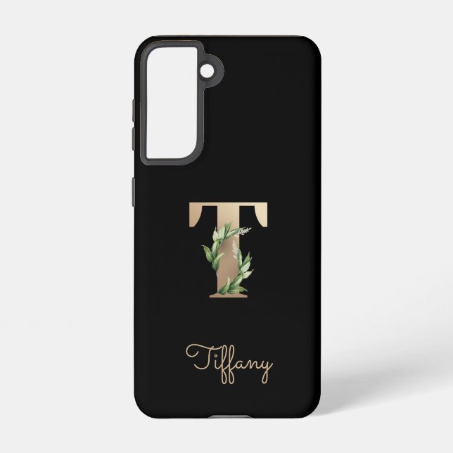 Funda Para Samsung Galaxy Elegante Monograma Botánico Letra Gold T (Reverso )