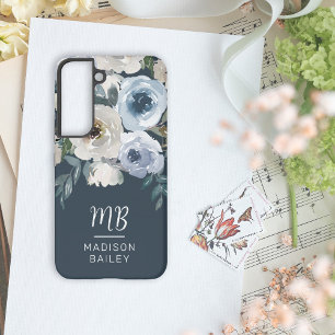 Funda Para Samsung Galaxy S22 Elegante Monograma Floral de Acuarela en Azul Mari