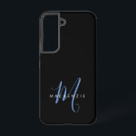Funda Para Samsung Galaxy S22 Elegante Monograma Moderno de Letra Negra Azul<br><div class="desc">Funda de teléfono con elegante monograma de letra azul negra moderna. Un elegante monograma de letra azul combinado con una fuente sans-serif blanca limpia da un aspecto contemporáneo.</div>
