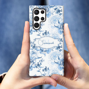 Funda Para Samsung Galaxy S22 Ultra Elegante nombre/monograma floral grabado en azul