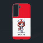 Funda Para Samsung Galaxy S22 Enfermera de manga con Personalizado de ojos azule<br><div class="desc">Este estuche de teléfono para enfermeras presenta a una linda enfermera manga con el pelo rojo y los ojos azules con una gorra de enfermera y un atuendo con un nombre para personalizar y bordes rojos. Perfecto para una enfermera o un graduado de la escuela de enfermería. Imagen generada con...</div>