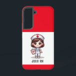 Funda Para Samsung Galaxy S22 Enfermera de manga con Personalizado de ojos marro<br><div class="desc">Este estuche de teléfono para enfermeras presenta a una linda enfermera manga con el pelo castaño y los ojos marrones con una gorra de enfermera y un atuendo con un nombre para personalizar y bordes rojos. Perfecto para una enfermera o un graduado de la escuela de enfermería. Imagen generada con...</div>