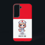 Funda Para Samsung Galaxy S22 Enfermera manga con Personalizado de ojos azules d<br><div class="desc">Este estuche de teléfono para enfermeras presenta a una linda enfermera manga con una gorra de enfermera y un traje con un nombre para personalizar y bordes rojos. Perfecto para una enfermera o un graduado de la escuela de enfermería. Imagen generada con IA.</div>