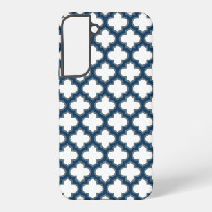 Funda Para Samsung Galaxy S22+ Enrejado blanco y azul marino, celosía, cuatro hoj