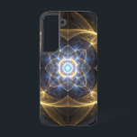 Funda Para Samsung Galaxy S22 Estuche de teléfono fractal azul de oro radiante<br><div class="desc">Proteja su teléfono con estilo con este fascinante estuche de teléfono fractal abstracto. Con un patrón simétrico de oro brillante y energía azul vibrante que irradia hacia el exterior desde un punto central, este diseño captura una sensación de poder dinámico y energía cósmica futurista. Los detalles intrincados y los elementos...</div>