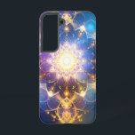 Funda Para Samsung Galaxy S22 Estuche para teléfono de Lotus Mandala<br><div class="desc">Adorna tu teléfono con esta fascinante obra de arte digital abstracta. Con un diseño simétrico centrado alrededor de una forma radiante que se asemeja a un loto o mandala, esta pieza emana luz brillante y etérea que fluye en impresionantes tonos de azul, púrpura y oro sobre un fondo profundo y...</div>