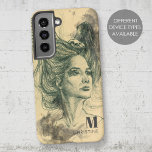 Funda Para Samsung Galaxy S22 Fantasía Mujer Cráneo de Aves Nombre Arte Surreal<br><div class="desc">Este diseño artístico del caso de teléfono fue creado usando mi obra de arte original "Vidas pasadas / vuelos futuros" - dibujo a mano de una mujer retrato con cráneo de pájaro y alas en su cabello. Un regalo elegante y fresco para los soñadores diurnos y para todos los amantes...</div>