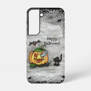 Funda Para Samsung Galaxy S22 Fantasma, Gato, Bat y Calabaza, ¡Feliz Halloween!