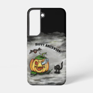 Funda Para Samsung Galaxy S22 Fantasma, Gato, Bat y Calabaza, ¡Feliz Halloween!