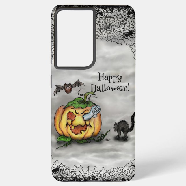 Funda Para Samsung Galaxy Fantasma, Gato, Bat y Calabaza, ¡Feliz Halloween! (Reverso )